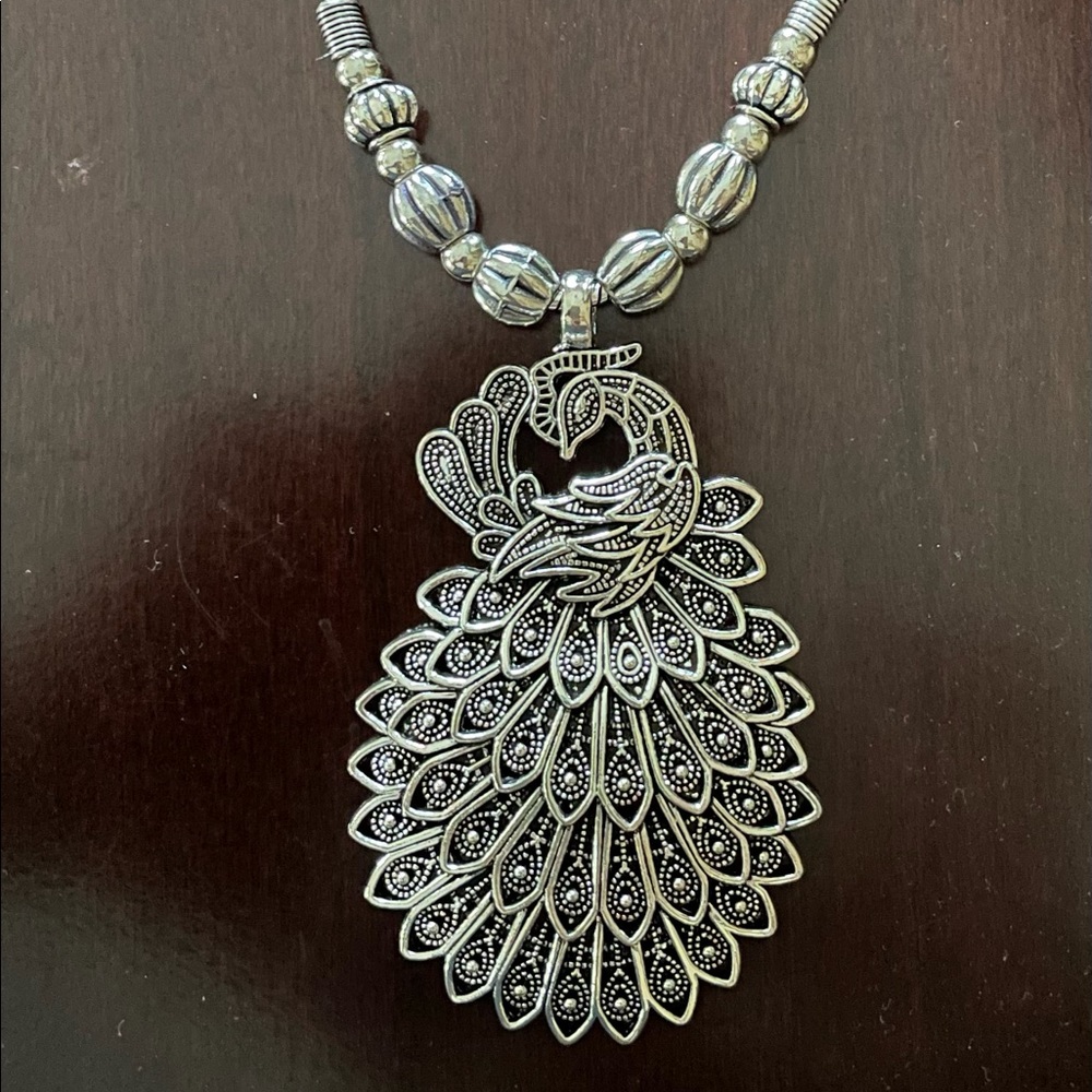 Silver plated peacock necklace